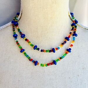 Handcrafted Multi Color Bead with Vintage Blue Beads Long Beaded Wrap Necklace B